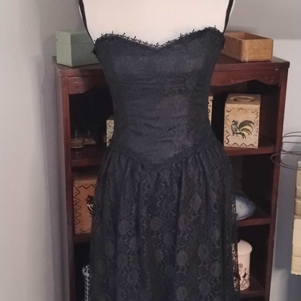 Vintage Scott McClintock Gunne Sax Black 90s Goth Lace Midi Dress Strapless Sz 8